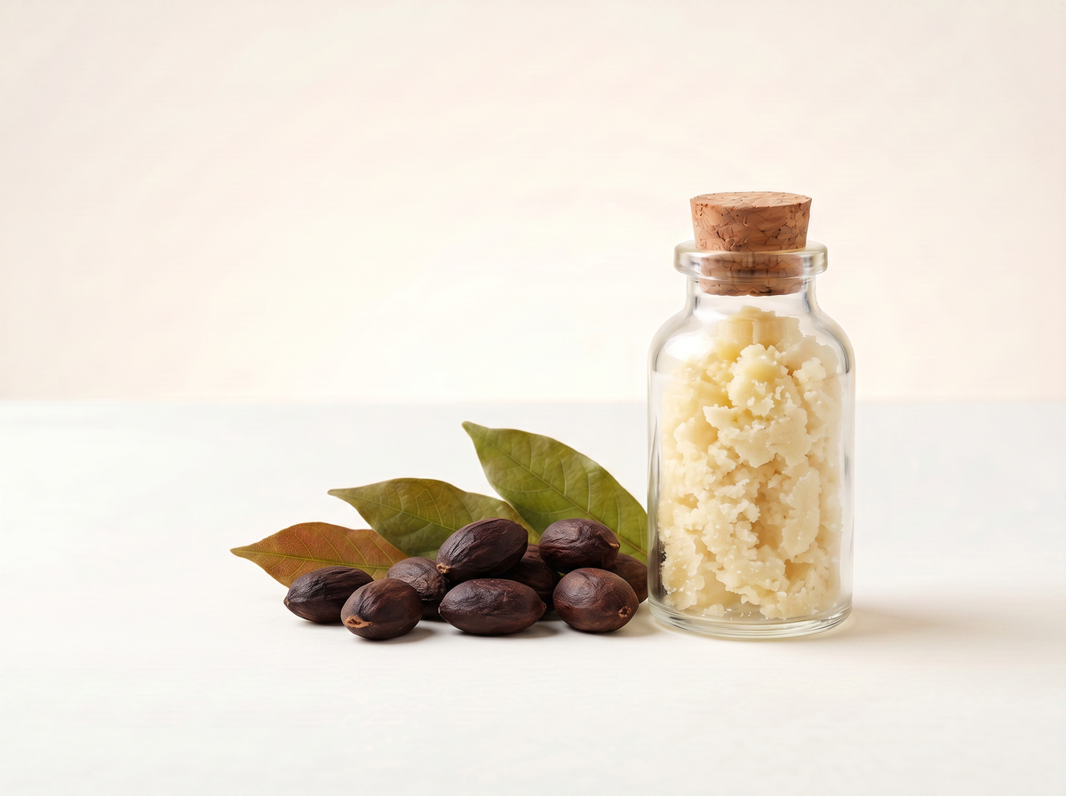 Escamas de cera blanca en una botella de vidrio con frutos secos oscuros y hojas