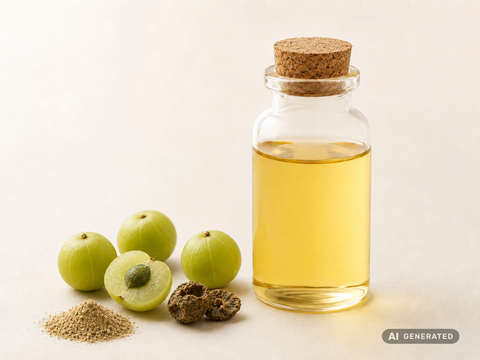 Amlamazerat trocken, bio – gelbes Öl in Glasflasche, daneben grüne Amla-Früchte und Pulver