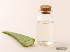 Macerado oleoso de aloe vera, ecológico: aceite transparente en botella de vidrio con tapón de corcho junto a una hoja de aloe vera