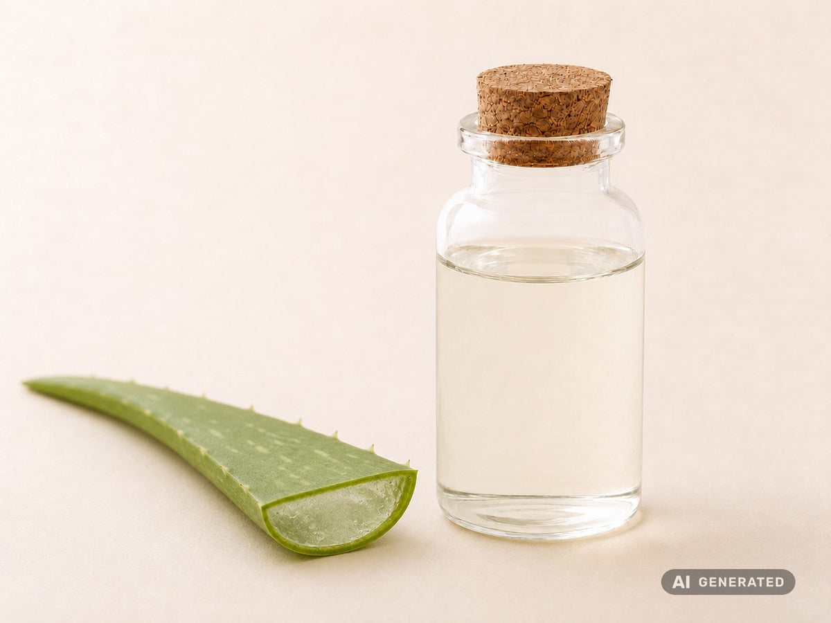 Aloe Vera Oil Macerate, organic – clear oil in a glass bottle with a cork next to an aloe vera leaf
