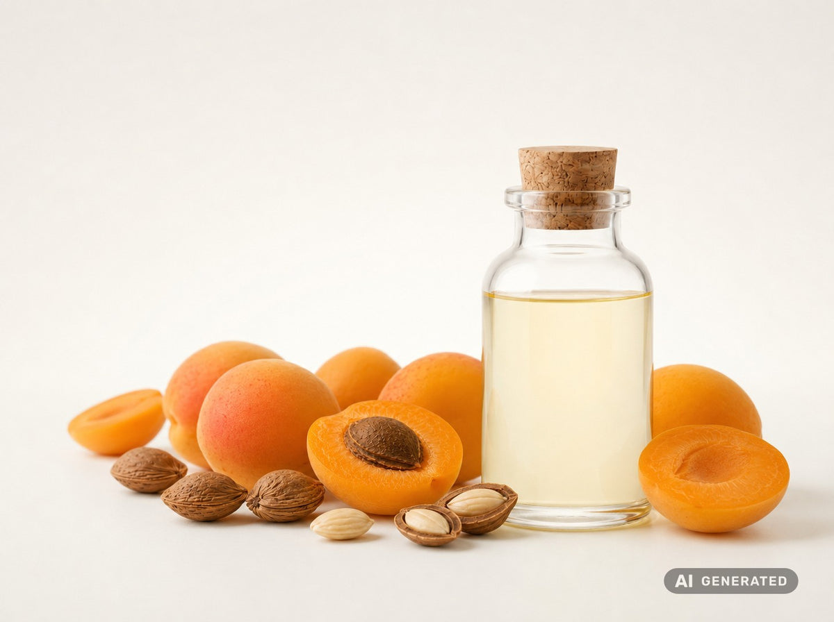Apricot Kernel Oil, refined – light yellow oil in a glass bottle with apricots and apricot kernels