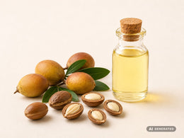 Huile d’argan pressée à froid, bio – huile or clair en flacon de verre avec des fruits et des noix d’argan