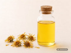 Macerado de árnica (flores secas), ecológico: aceite amarillo en botella de vidrio con flores de árnica secas