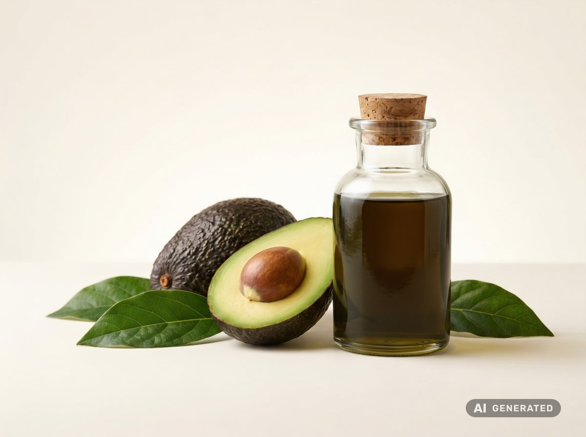 Avocado Oil, cold-pressed, organic – dark green oil in a glass bottle with a halved avocado and leaves