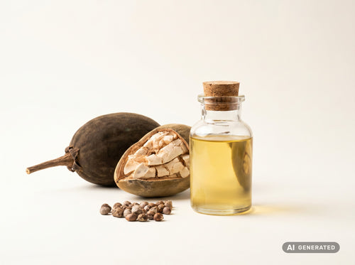 Aceite de baobab prensado en frío, ecológico: aceite amarillo dorado en botella de vidrio con un fruto de baobab abierto y semillas