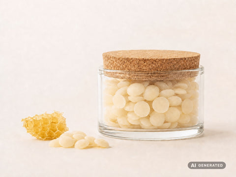 Bienenwachs hell (Pastillen) – helle Wachspastillen im Glas mit Korkdeckel neben einer Honigwabe