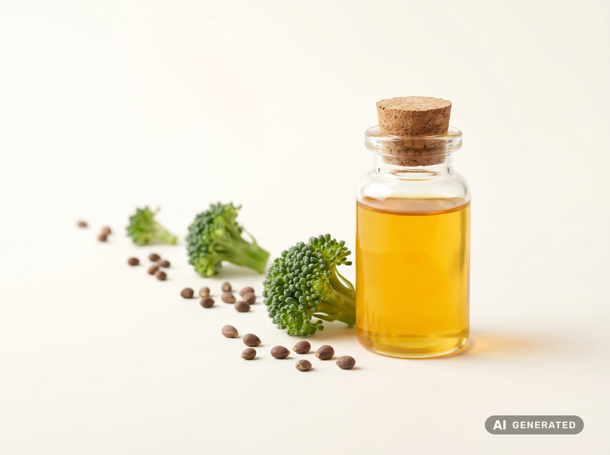 Broccoli Seed Oil, cold-pressed, organic – golden-yellow oil in a glass bottle with broccoli florets and seeds