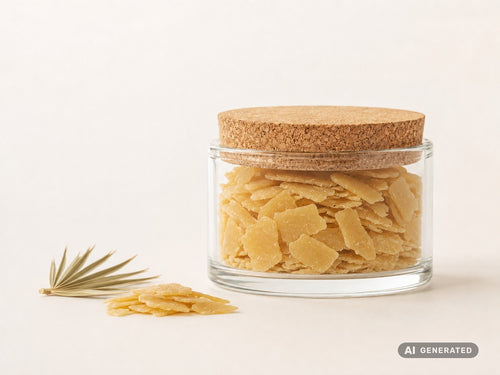 Cera de carnauba, ecológica, tipo 1: copos de cera amarillo claro en un tarro de vidrio con tapa de corcho junto a una hoja de palmera