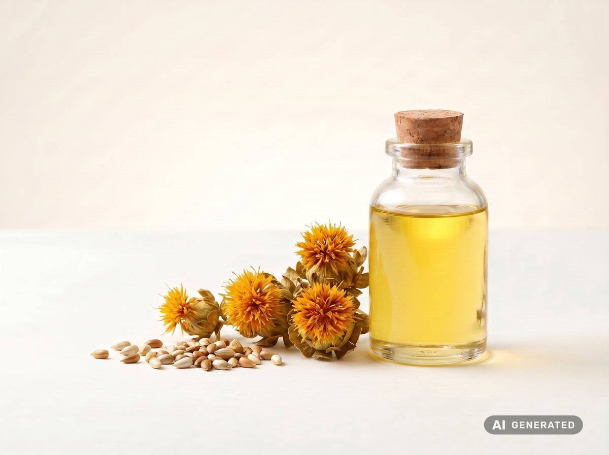 Aceite de cártamo prensado en frío, ecológico: aceite amarillo dorado en botella de vidrio con flores de cártamo y semillas