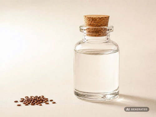 Glicerina vegetale (lino), bio – liquido trasparente in bottiglia di vetro con semi di lino
