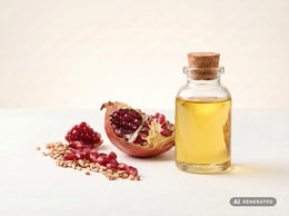 Olio di semi di melograno spremuto a freddo, bio – olio giallo in bottiglia di vetro con melograno aperto e chicchi