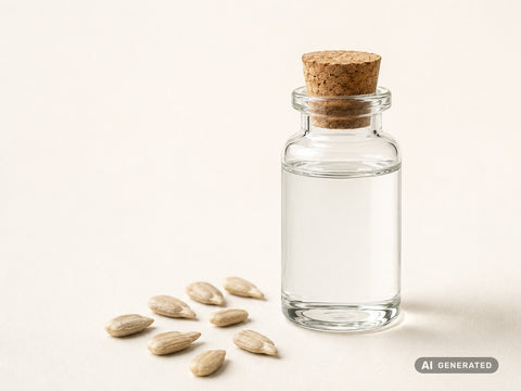 Glycerin pflanzlich (Sonne), bio – klare Flüssigkeit in Glasflasche mit Sonnenblumenkernen