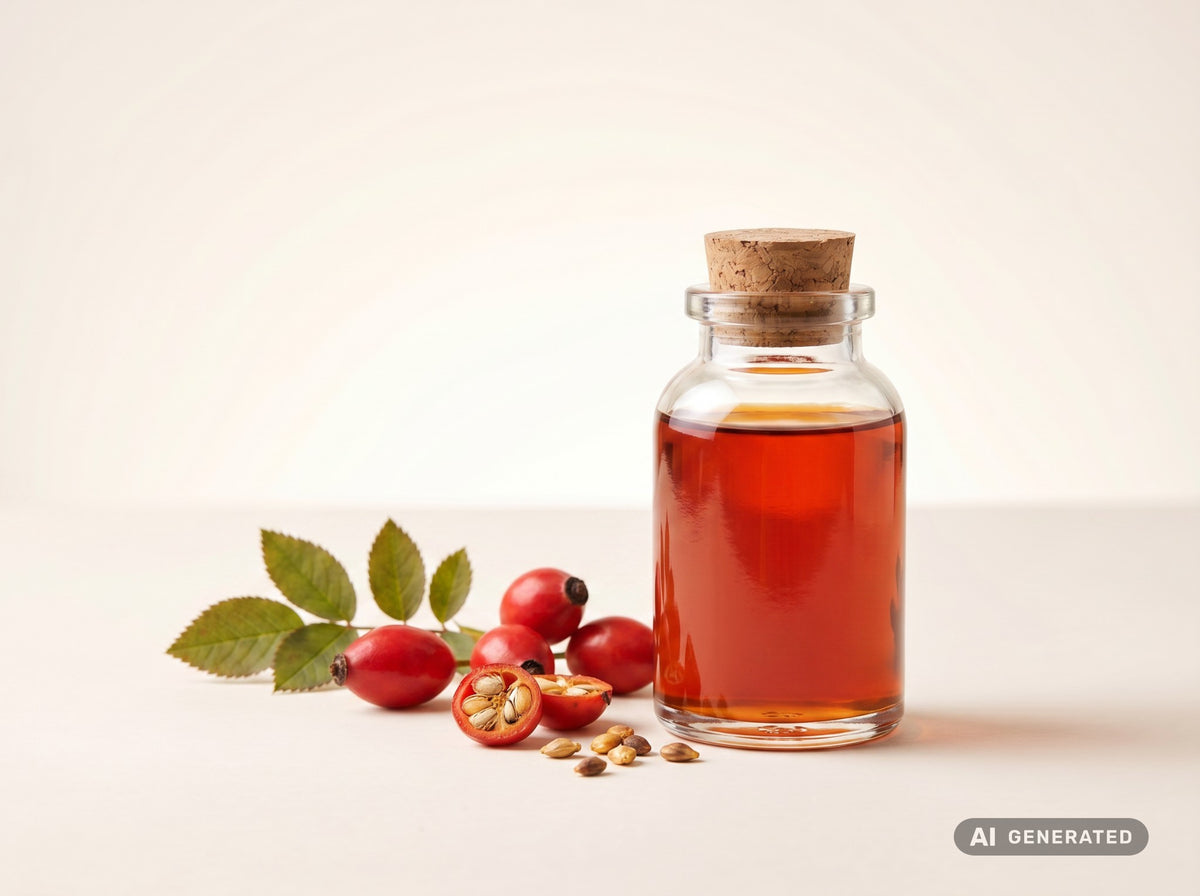Aceite de rosa mosqueta prensado en frío, ecológico: aceite rojizo en botella de vidrio con escaramujos y hojas