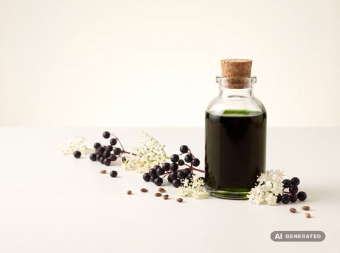 Holunderkernöl kaltgepresst, bio – dunkelgrünes Öl in Glasflasche mit Holunderbeeren und -blüten