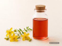 Johanniskrautmazerat frisch, bio – rotes Öl in Glasflasche mit gelben Johanniskrautblüten