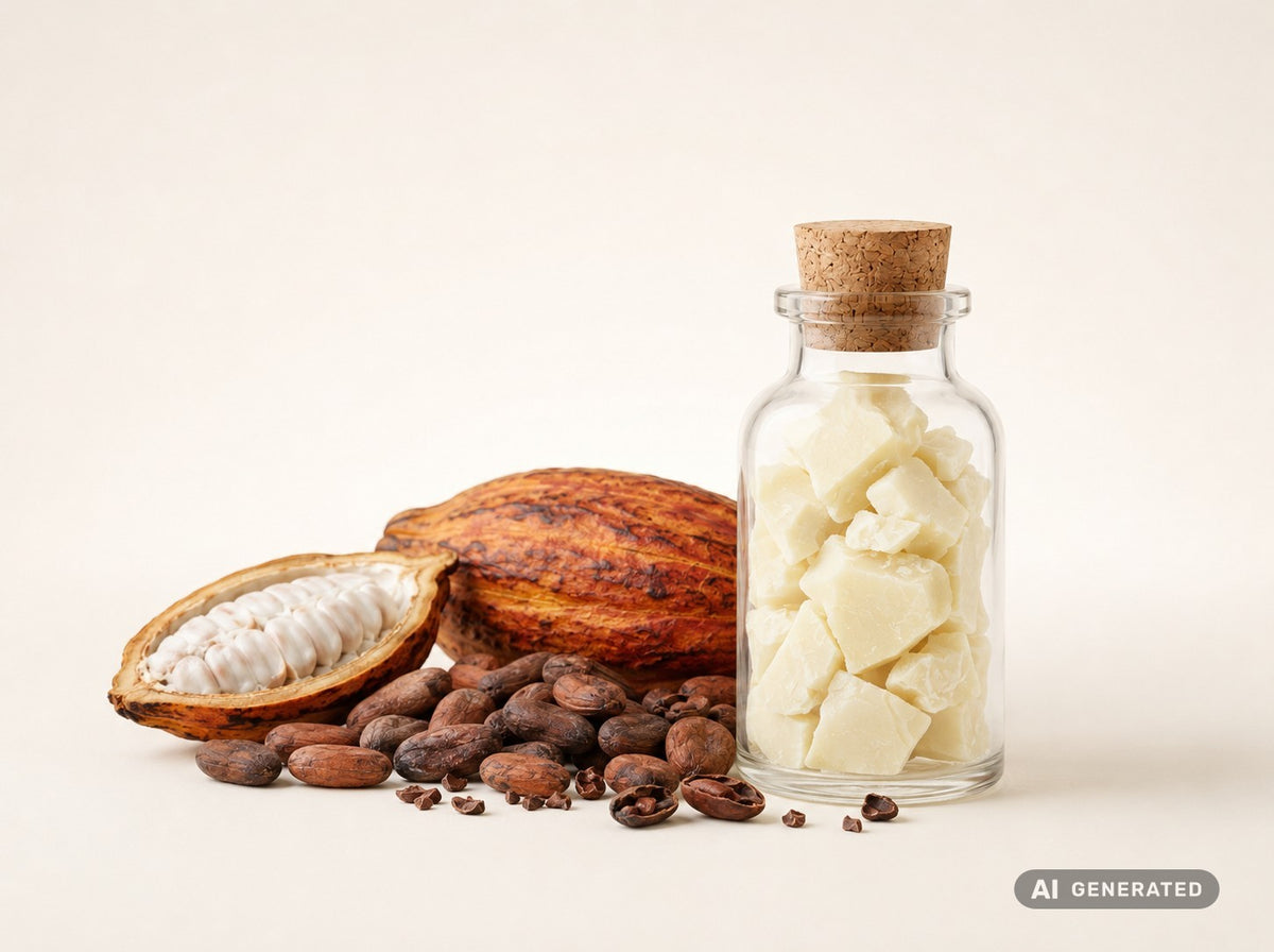 Burro di cacao deodorato, bio – pezzi chiari di burro di cacao in bottiglia di vetro con cabossa e fave di cacao