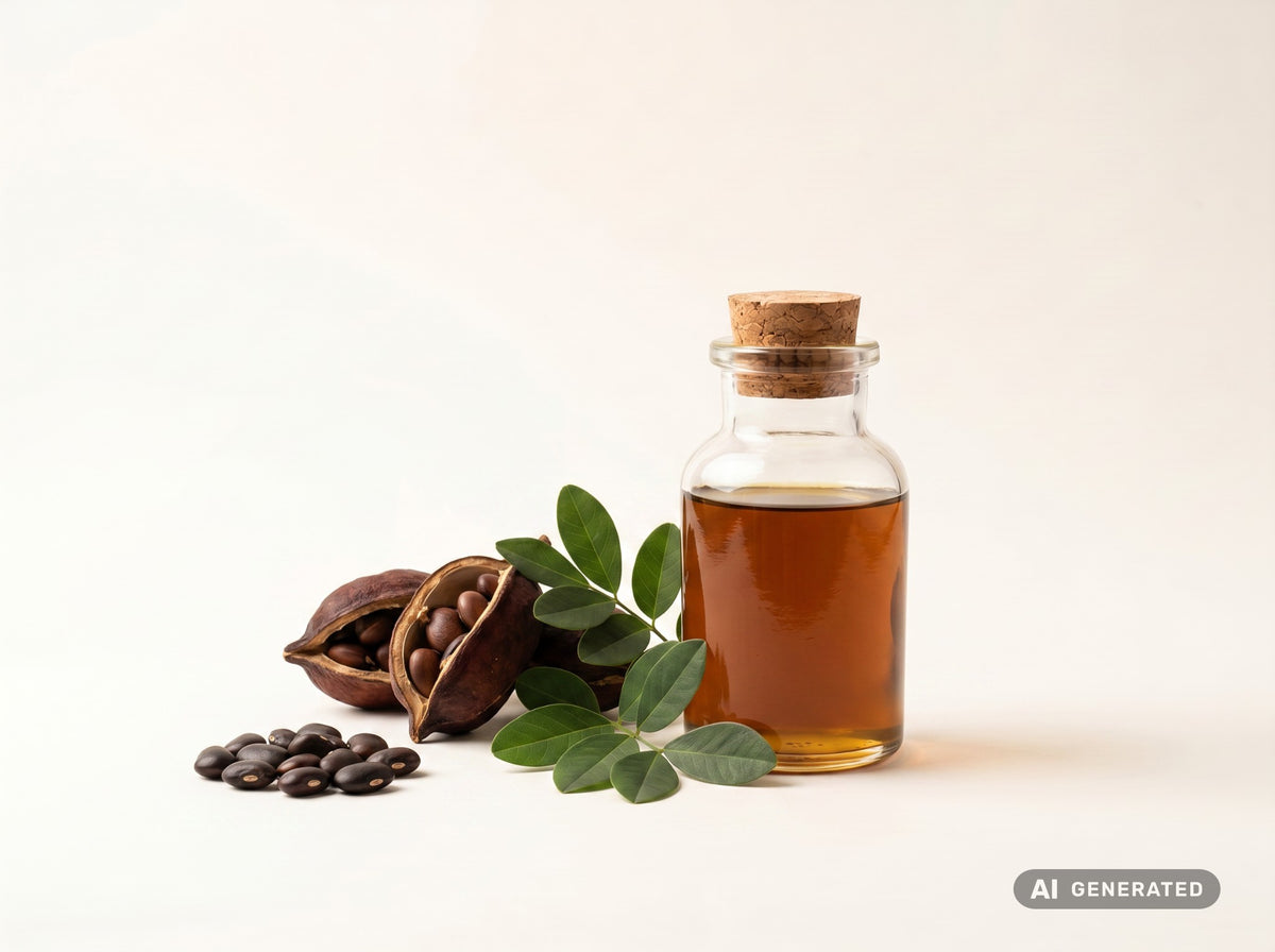Olio di karanja spremuto a freddo – olio color ambra in bottiglia di vetro con semi, baccelli e foglie di karanja