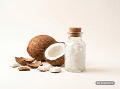 Kokosfett nativ, bio (Food) – weißes Kokosfett in Glasflasche mit aufgebrochener Kokosnuss