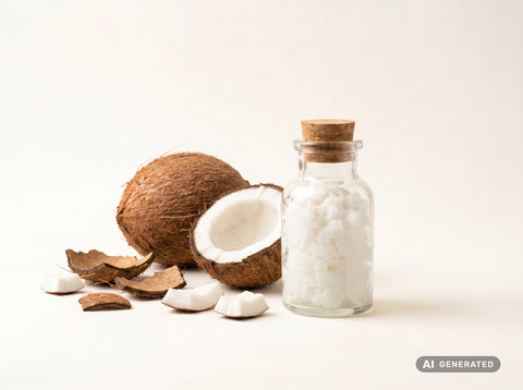 Kokosfett nativ, bio (Food) – weißes Kokosfett in Glasflasche mit aufgebrochener Kokosnuss