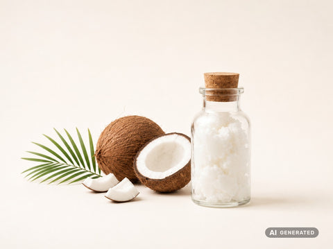Kokosfett raffiniert, bio – weißes Kokosfett in Glasflasche mit Kokosnuss und Palmblatt