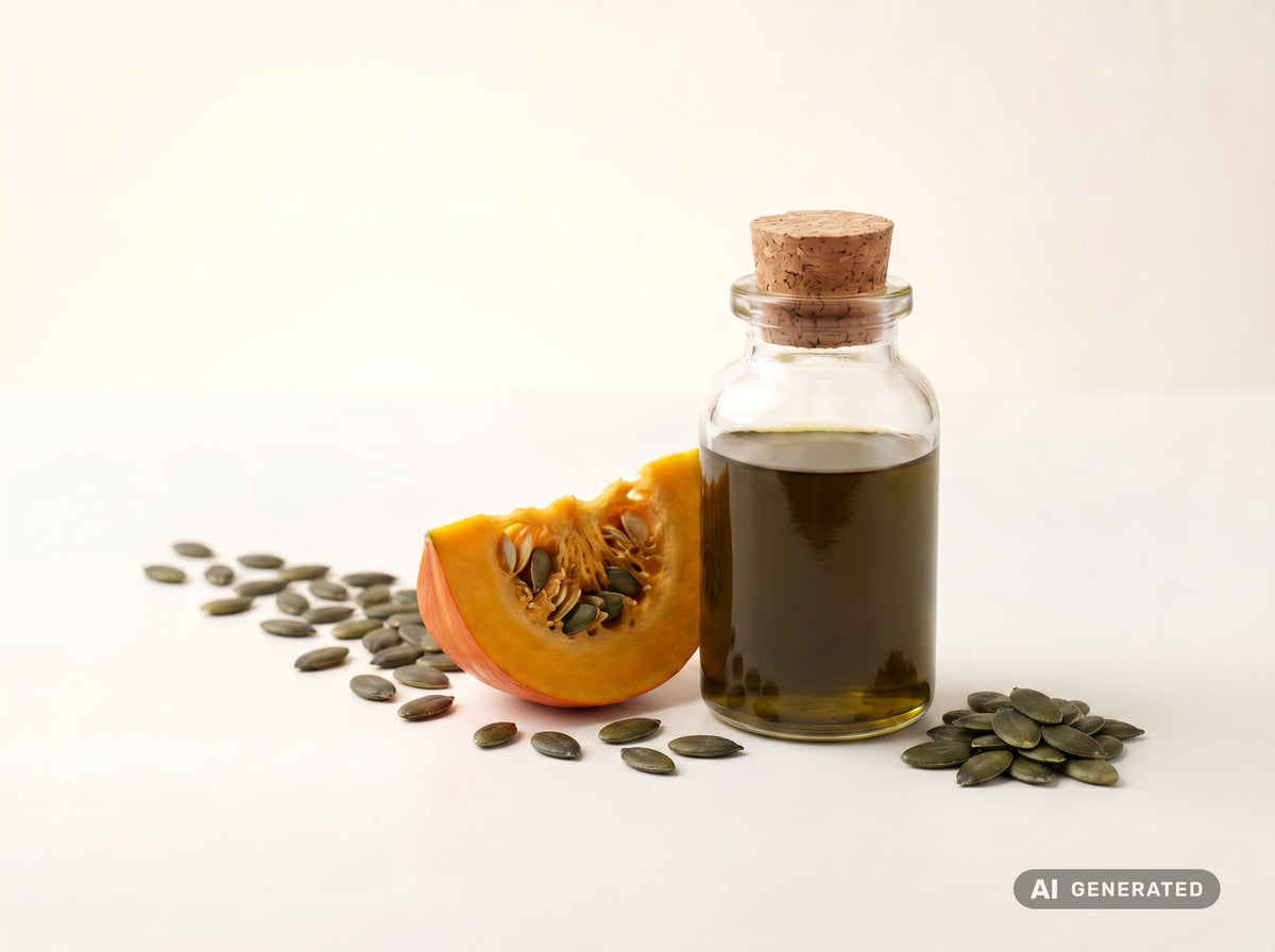 Olio di semi di zucca tostati, bio (alimentare) – olio verde scuro in bottiglia di vetro con pezzo di zucca e semi di zucca