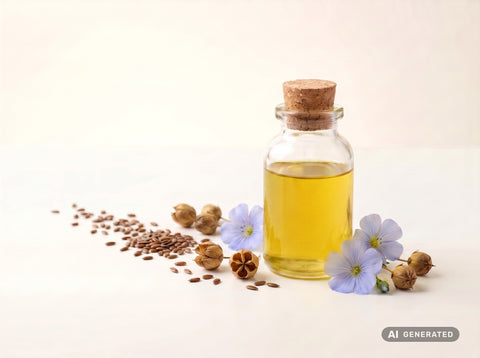 Leinöl kaltgepresst, bio (Food) – goldgelbes Öl in Glasflasche mit Leinsamen und blauen Leinblüten