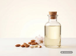 Mandelöl raffiniert, bio – helles Öl in Glasflasche mit Mandeln und Mandelblüte