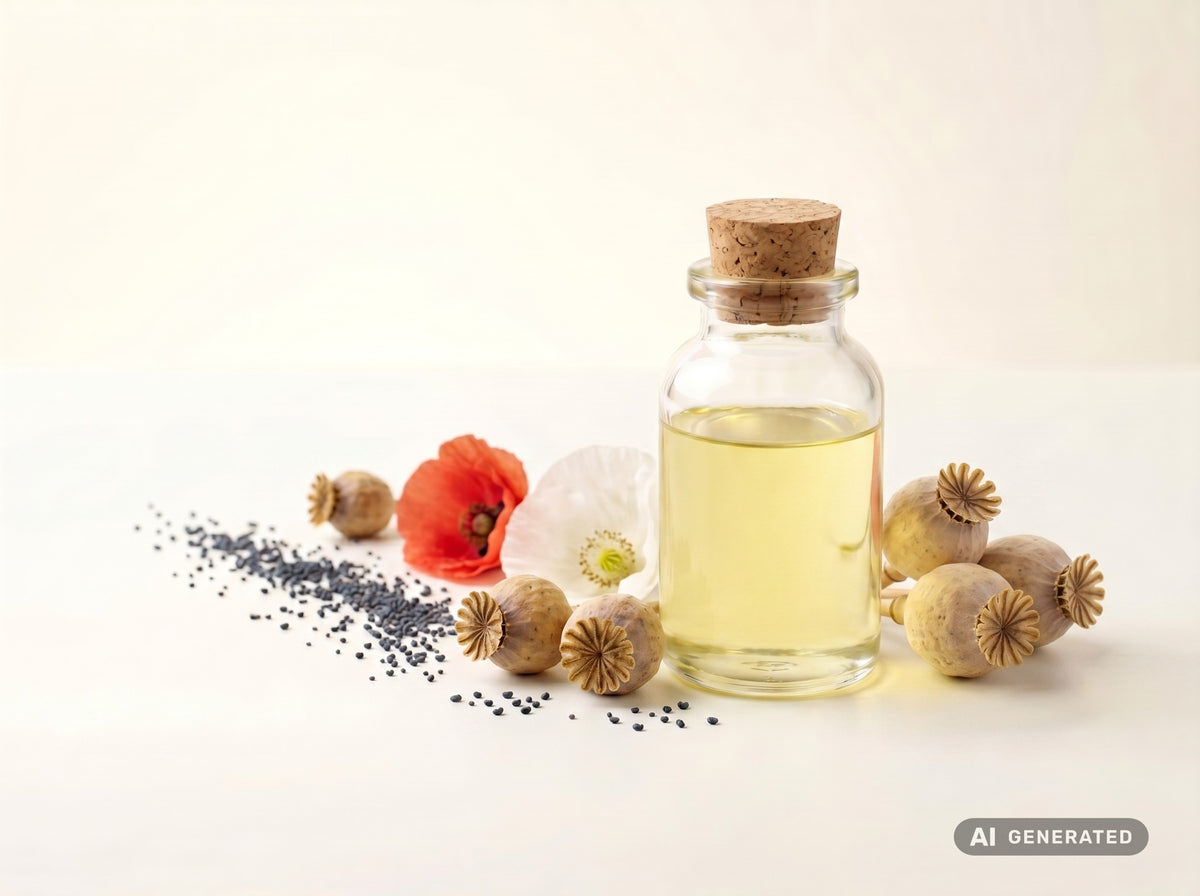 Aceite de amapola prensado en frío, ecológico: aceite amarillo claro en botella de vidrio con cápsulas de amapola, flor de amapola y semillas de amapola