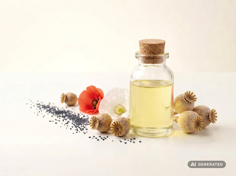 Mohnöl kaltgepresst, bio – hellgelbes Öl in Glasflasche mit Mohnkapseln, Mohnblüte und Mohnsamen