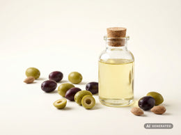 Olio d’oliva deodorato, bio – olio giallo chiaro in bottiglia di vetro con olive verdi e scure