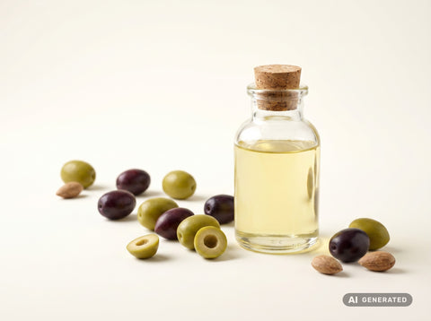 Olivenöl desodoriert, bio – hellgelbes Öl in Glasflasche mit grünen und dunklen Oliven