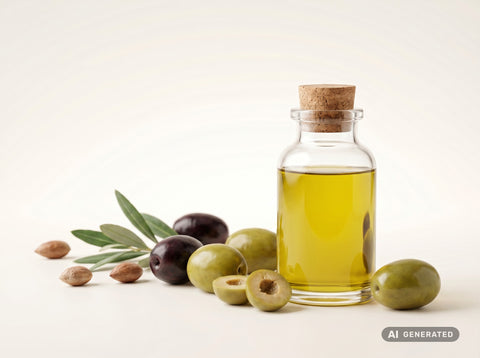 Olivenöl extra nativ, bio (Food) – goldgrünes Öl in Glasflasche mit Oliven und Olivenzweig