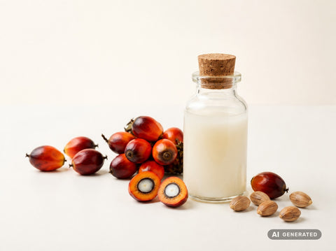 Palmöl raffiniert, bio – helles, festes Fett in Glasflasche mit roten Palmfrüchten