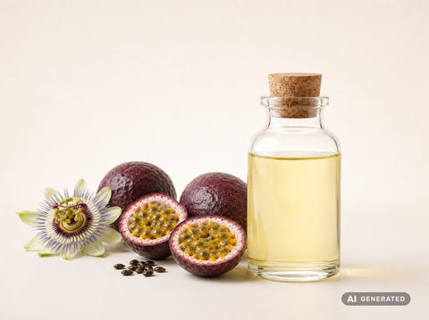 Passionsfruchtkernöl kaltgepresst, bio – hellgelbes Öl in Glasflasche mit Passionsfrüchten und Blüte