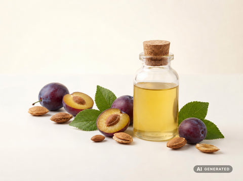 Pflaumenkernöl kaltgepresst, bio – goldgelbes Öl in Glasflasche mit Pflaumen und Pflaumenkernen
