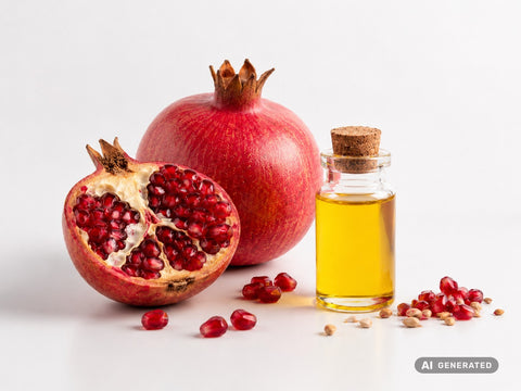 AOT PunicActive, bio – goldgelbes Öl in Glasflasche vor aufgeschnittenem Granatapfel mit Kernen