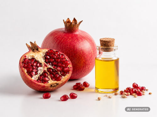 AOT PunicActive, bio – goldgelbes Öl in Glasflasche vor aufgeschnittenem Granatapfel mit Kernen