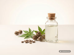 Aceite de ricino prensado en frío, ecológico: aceite transparente en botella de vidrio con semillas y hojas de ricino