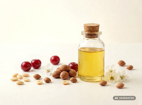 Sauerkirschkernöl kaltgepresst, bio – goldgelbes Öl in Glasflasche mit Sauerkirschen und Kernen