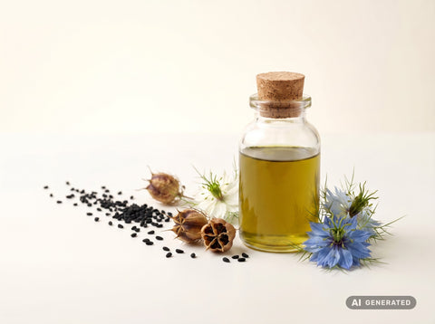 Schwarzkümmelöl kaltgepresst, bio (Ägypten) (Food) – grünliches Öl in Glasflasche mit Schwarzkümmelsamen