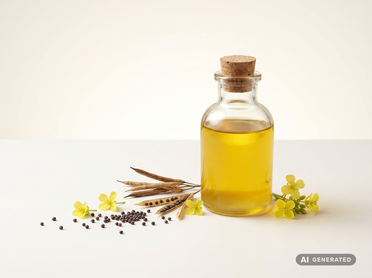 Aceite de mostaza prensado en frío, ecológico: aceite amarillo dorado en botella de vidrio con semillas, vainas y flores amarillas de mostaza