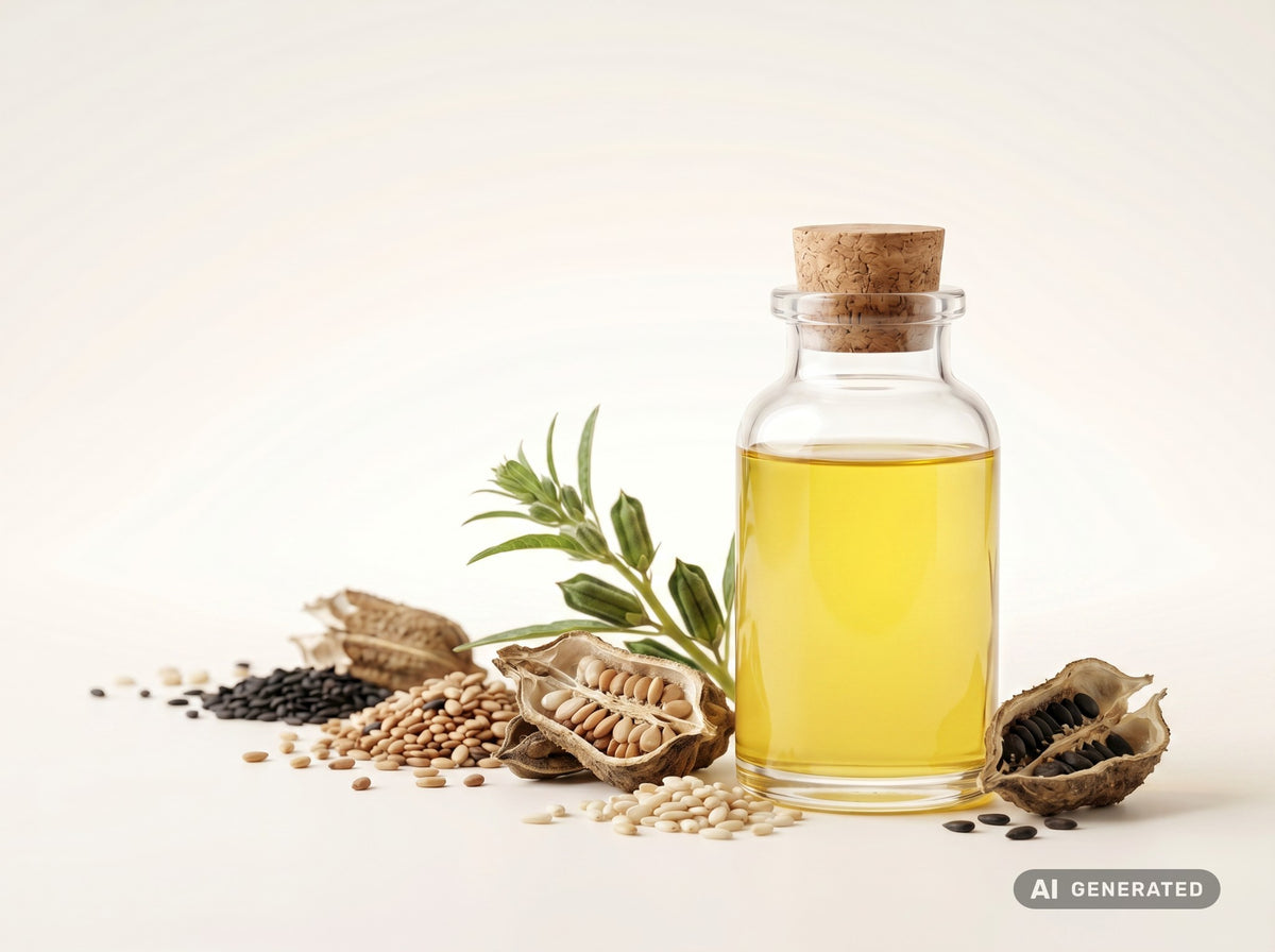 Aceite de sésamo prensado en frío, ecológico (alimentario): aceite amarillo dorado en botella de vidrio con semillas y cápsulas de sésamo