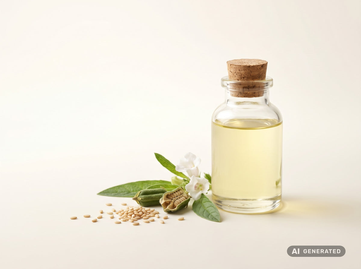 Aceite de sésamo refinado, ecológico: aceite amarillo claro en botella de vidrio con semillas de sésamo y flor