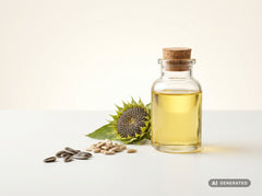 Sunflower Oil LO, refined, organic (food grade) – yellow oil in a glass bottle with a sunflower head and seeds