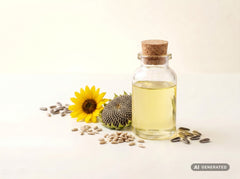 Huile de tournesol HO raffinée, bio (alimentaire) – huile jaune clair en flacon de verre avec un tournesol et des graines