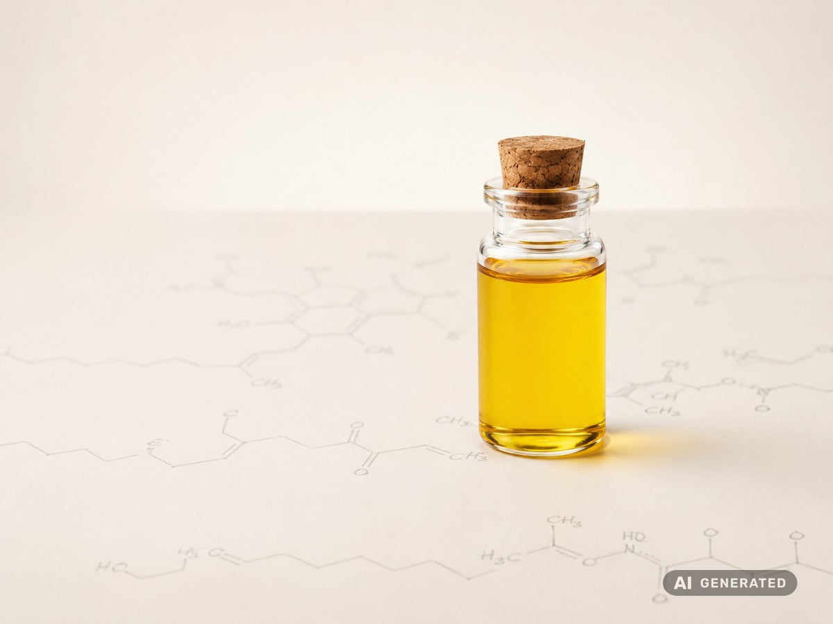 StoppOx® Emulsion, ecológico: líquido amarillo en botella de vidrio delante de fórmulas estructurales esbozadas