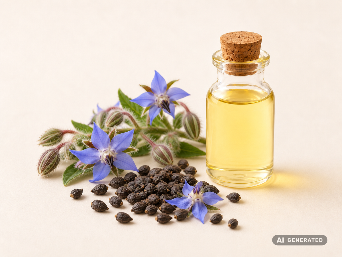 Borage Seed Oil, cold-pressed, organic – golden-yellow oil in a glass bottle with blue borage flowers and seeds