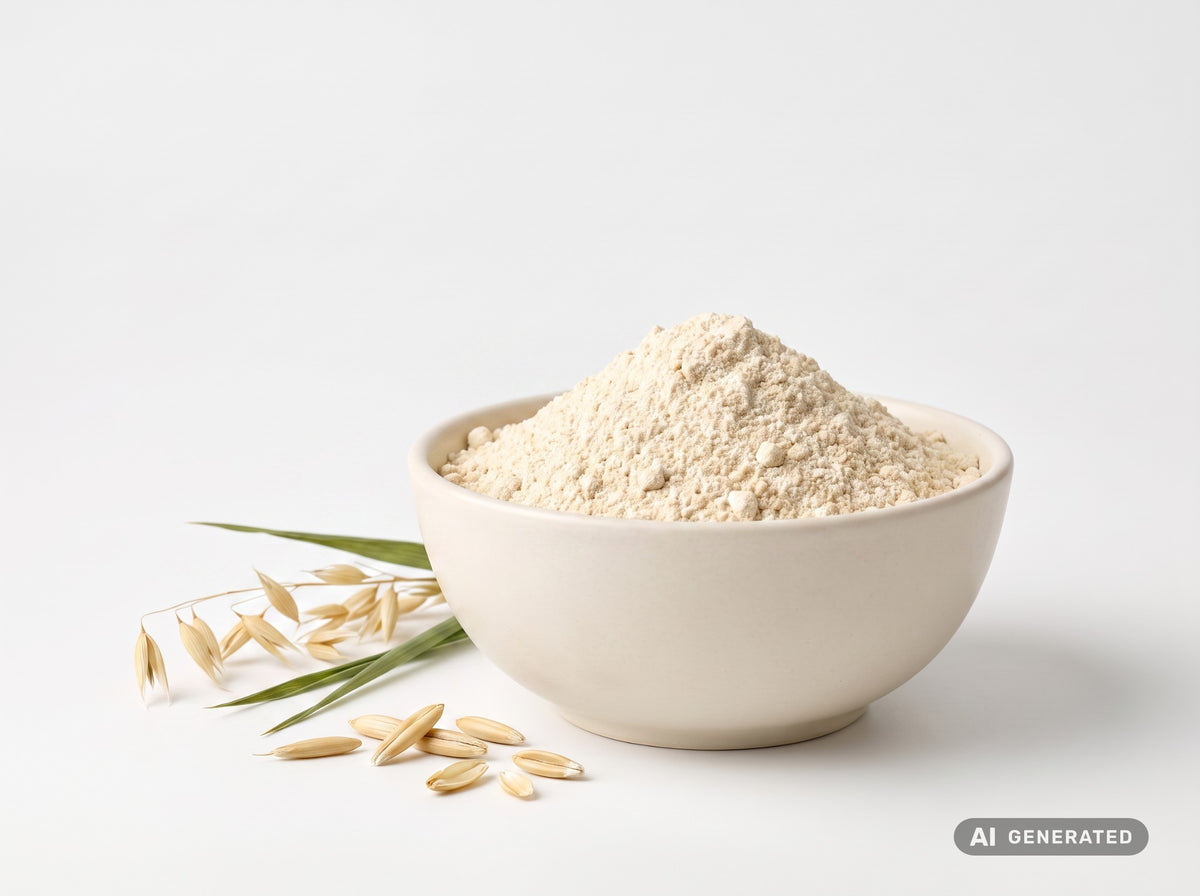 Polvo para bebida de avena, ecológico: polvo claro en un cuenco blanco con panículas y granos de avena