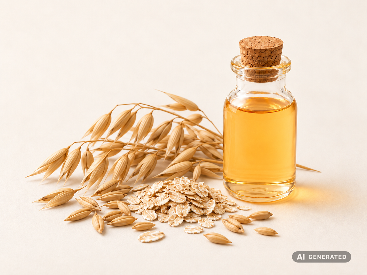 Aceite de avena (extracto CO₂), ecológico: aceite ambarino en botella de vidrio con panículas y copos de avena