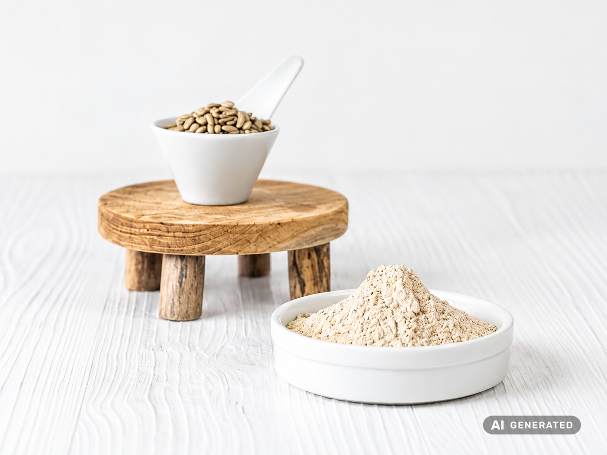 Heliaflor® 55 – proteina di girasole in polvere beige in ciotola bianca, dietro semi di girasole su un supporto di legno